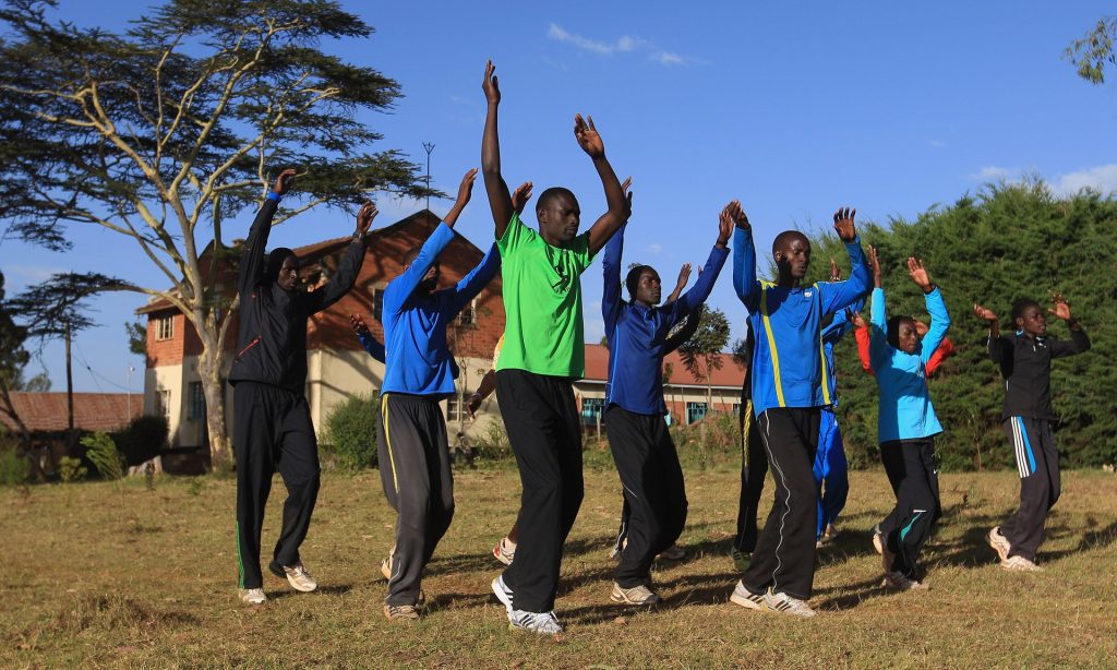 Double Olympic 800m champion David Rudisha leads a training session at St Patrick’s Iten high school. Photograph: Michael Steele/Getty Images