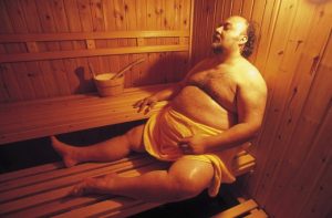 obese man, sauna