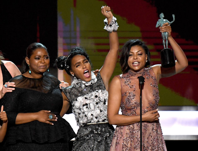 The cast of Hidden Figures accepts the award for Best Cast in a Motion Picture onstage during the 23rd Annual Screen Actors Guild Awards at The Shrine Expo Hall on January 29, 2017 in Los Angeles, California. (Photo by Kevork Djansezian/WireImage)
