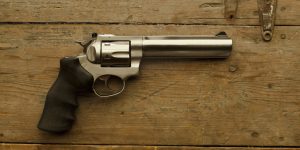 USA, Montana, 357 Caliber handgun on table