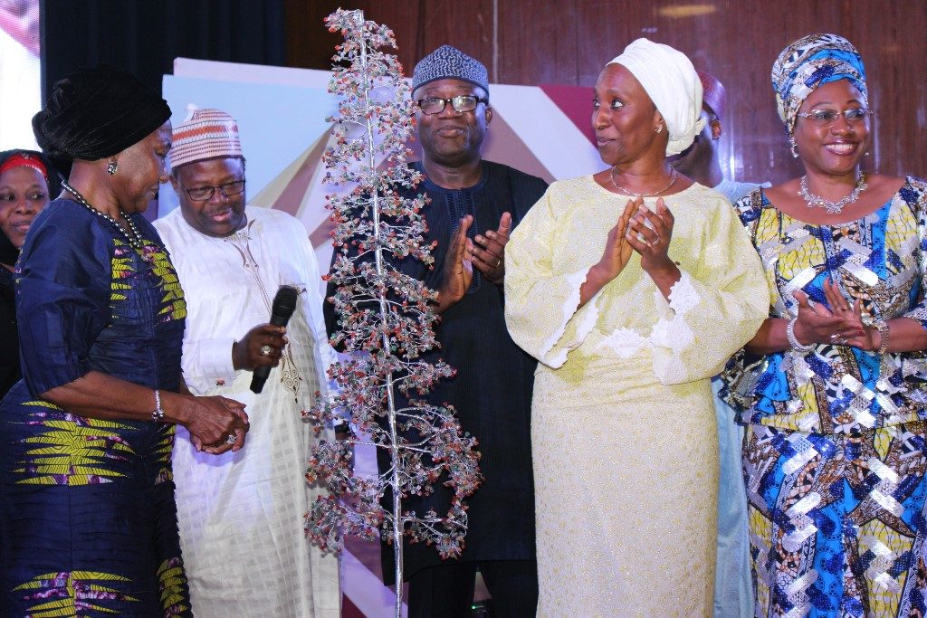 L-R: Former First lady, Mrs Ajoke Murtala Mohammed; Permanent Secretary, Ministry of Mines and Steel Development, Mohammed Abass; Minister, Dr Kayode Fayemi; Wife of the Vice President and Keynote Speaker, Mrs Dolapo Osinbajo; and wife of the Minister, Mrs Bisi Adeleye-Fayemi, at the opening session of the Africa Gems and Jewellery Exhibition and Seminar in Abuja