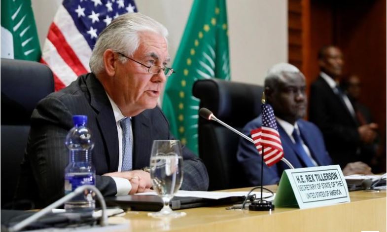 U.S. Secretary of State Rex Tillerson (L) speaks during a news conference with African Union (AU) Commission Chairman Moussa Faki (R), of Chad, after their meeting at AU headquarters in Addis Ababa, Ethiopia March 8, 2018. REUTERS/Jonathan Ernst