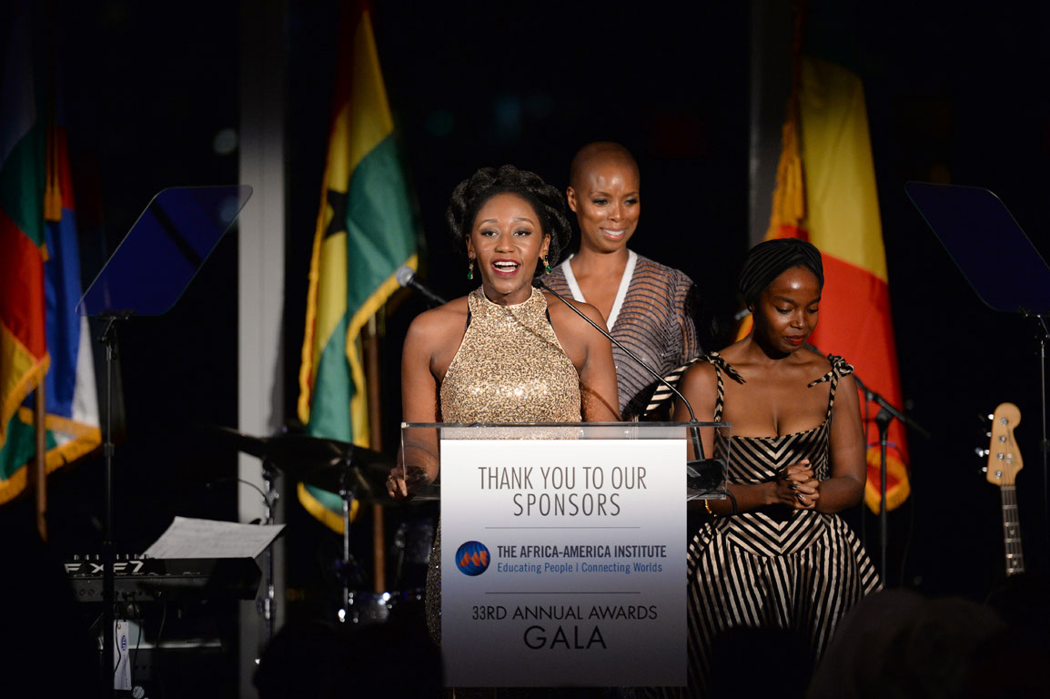 NEW YORK, NY - SEPTEMBER 19:  Nana Mensah, Sidra Smith and Maame Yaa speak during The Africa-America Institute 33rd Annual Awards Gala at Mandarin Oriental New York on September 19, 2017 in New York City.  (Photo by Andrew Toth/Getty Images for The Africa-America Institute) *** Local Caption *** Nana Mensah; Sidra Smith; Maame Yaa