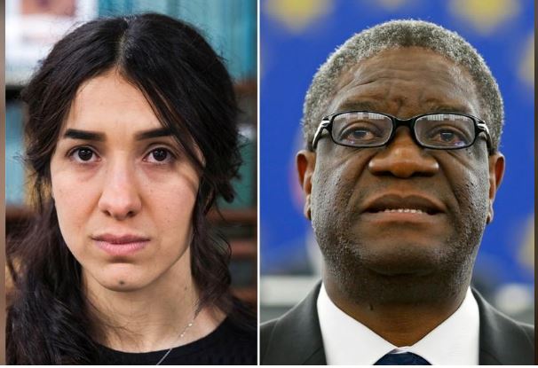 A combination picture shows the Nobel Prize for Peace 2018 winners: Yazidi survivor Nadia Murad posing for a portrait at United Nations headquarters in New York, U.S., March 9, 2017 (L) and Denis Mukwege delivering a speech during an award ceremony to receive his 2014 Sakharov Prize at the European Parliament in Strasbourg November 26, 2014. REUTERS/Lucas Jackson/Vincent Kessler/File photos