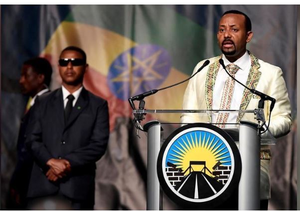 Ethiopia's Prime Minister Abiy Ahmed addresses his country's diaspora, the largest outside Ethiopia, calling on them to return, invest and support their native land with the theme "Break The Wall Build The Bridge", in Washington, U.S., July 28, 2018. REUTERS/Mike Theiler/File Photo