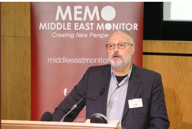 Saudi dissident Jamal Khashoggi speaks at an event hosted by Middle East Monitor in London Britain, September 29, 2018. Middle East Monitor/Handout via REUTERS
