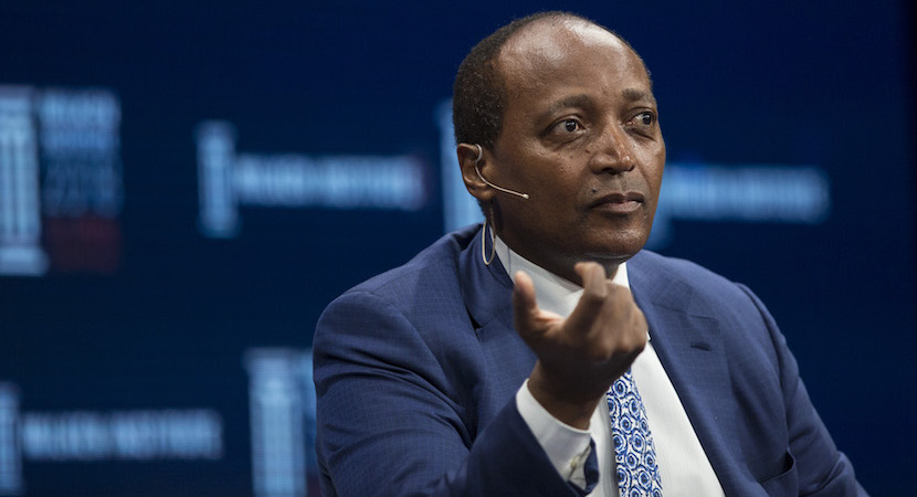 Patrice Motsepe, founder and chairman of African Rainbow Minerals Ltd., smiles on stage during the Milken Institute Global Conference in Beverly Hills, California, U.S., on Wednesday, May 2, 2018. The conference brings together leaders in business, government, technology, philanthropy, academia, and the media to discuss actionable and collaborative solutions to some of the most important questions of our time. Photographer: Dania Maxwell/Bloomberg