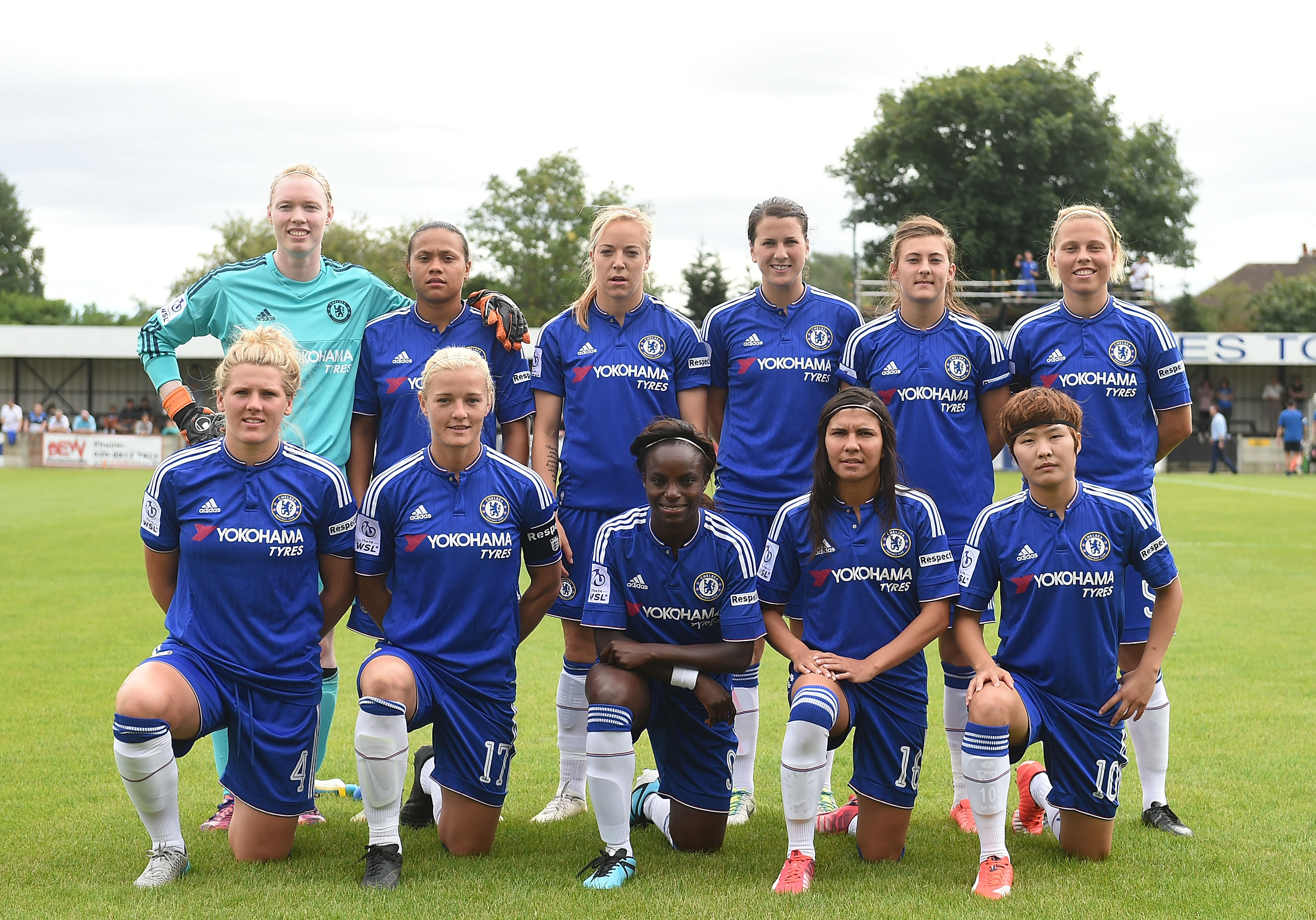 STAINES, ENGLAND - AUGUST 09: Team of Chelsea Ladies FC pose for photos during the FA Women's Super League match between Chelsea Ladies FC and Birmingham City Ladies at Wheatsheaf Lane on August 09, 2015 in Staines, England. (Photo by Tom Dulat - The FA/The FA via Getty Images)