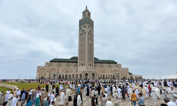 Muslims gathering to perform Eid al-Fitr prayer at Hassan II Mosque in Casablanca, Morocco. Photograph: Abdel Majid Rezko/Anadolu Agency/Getty Images