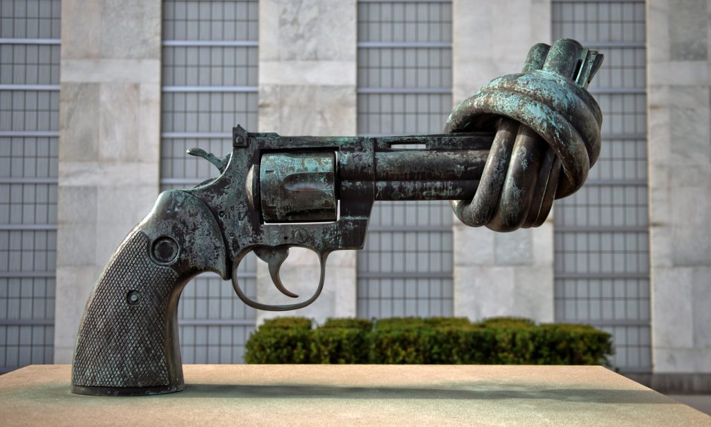 Non-Violence, a sculpture by Swedish artist Carl Fredrik Reuterswärd, is seen outside UN headquarters in New York. Photograph: Michael Gottschalk/Getty Images