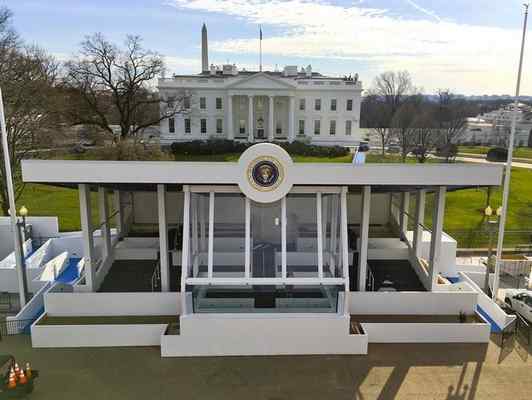 The inaugural parade presidential reviewing stand on Pennsylvania Avenue in front of the White House, Sunday, Jan. 15, 2017, is nearly completed in preparation for Donald Trump’s inauguration, on Friday, Jan. 20. (AP Photo/Pablo Martinez Monsivais)