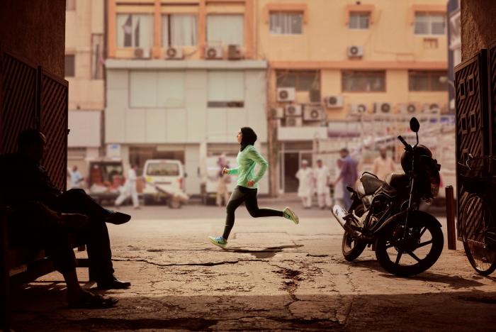 Zahra Lari runs in a scene shot for the Nike Middle East ad campaign filmed in Dubai, UAE, February 10, 2017. Picture taken February 10, 2017. Nike/Handout via REUTERS
