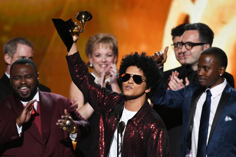 Bruno Mars accepts Album of the Year for '24K Magic' during the 60th Annual Grammy Awards at Madison Square Garden on Jan. 28. Photographer: Kevin Winter/Getty Images