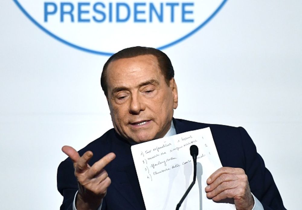 Silvio Berlusconi speaks during a press conference in Rome, on March 1. Photographer: ALBERTO PIZZOLI/AFP via Getty Images