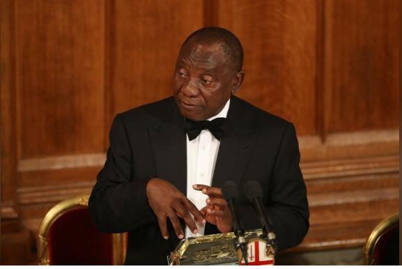 South Africa's President Cyril Ramaphosa speaks during the Commonwealth Business Forum Banquet at the Guildhall in London, Britain, April 17, 2018. REUTERS/Simon Dawson